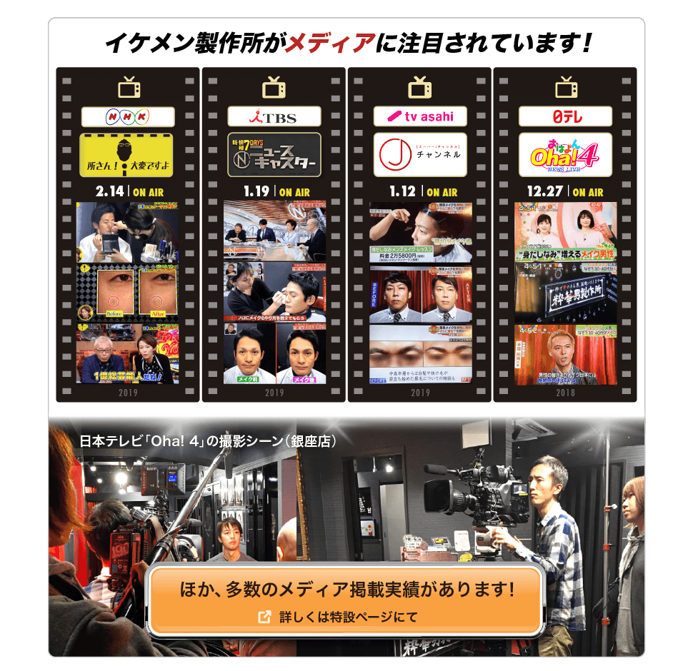イケメン製作所 メディア掲載実績「身だしなみメンズメイク」マスメディアでも大反響! 『日本テレビOha!4』『テレビ朝日 スーパーJチャンネル』『J-WAVE GOLD RUSH』『J-WAVE STEP ONE』