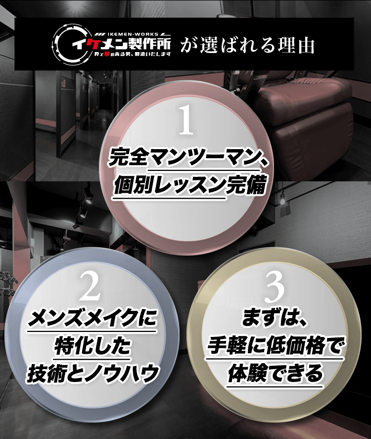 粋華男製作所が選ばれる理由 1.完全マンツーマン、個別レッスン形式 2.メンズメイクに特化した技術とノウハウ 3.まずは、手軽に低価格で体験できる